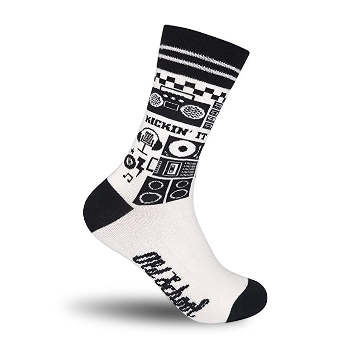 crew socks with black toes and heels, white bodies, black and white striped cuffs, and 