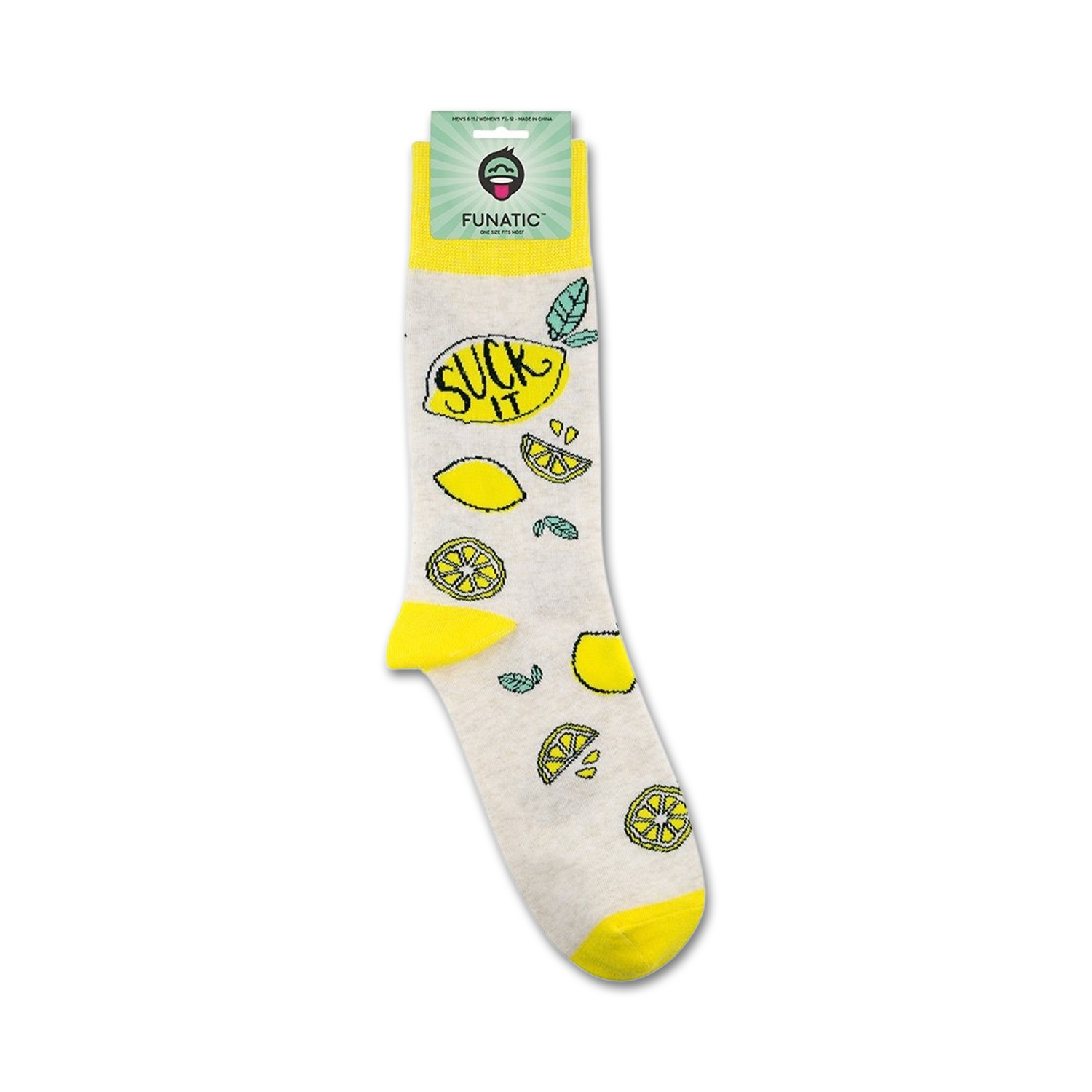 Product shot of 'Suck It' socks on their packaging.  Shows the full sock design and brand details.