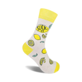 Cream crew socks with a yellow cuff, featuring lemons and the phrase 'Suck It' in a playful design.