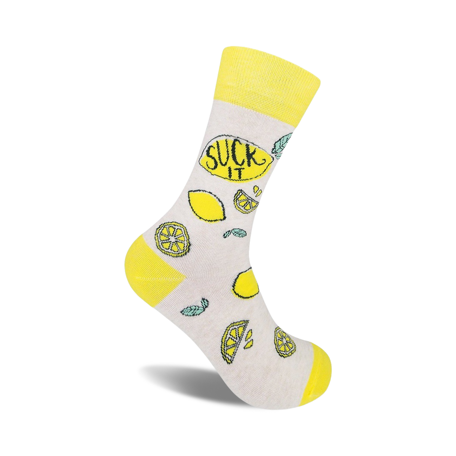 Cream crew socks with a yellow cuff, featuring lemons and the phrase 'Suck It' in a playful design.