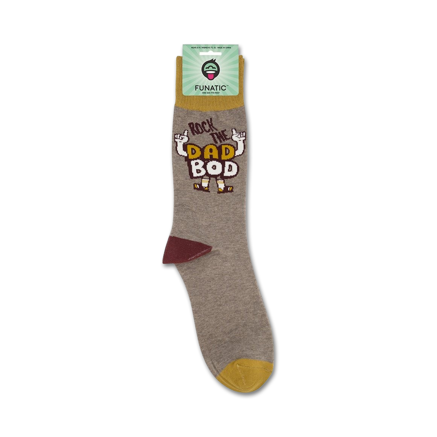 Product shot of 'Rock the Dad Bod' socks on their packaging.