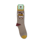 Product shot of 'Rock the Dad Bod' socks on their packaging.