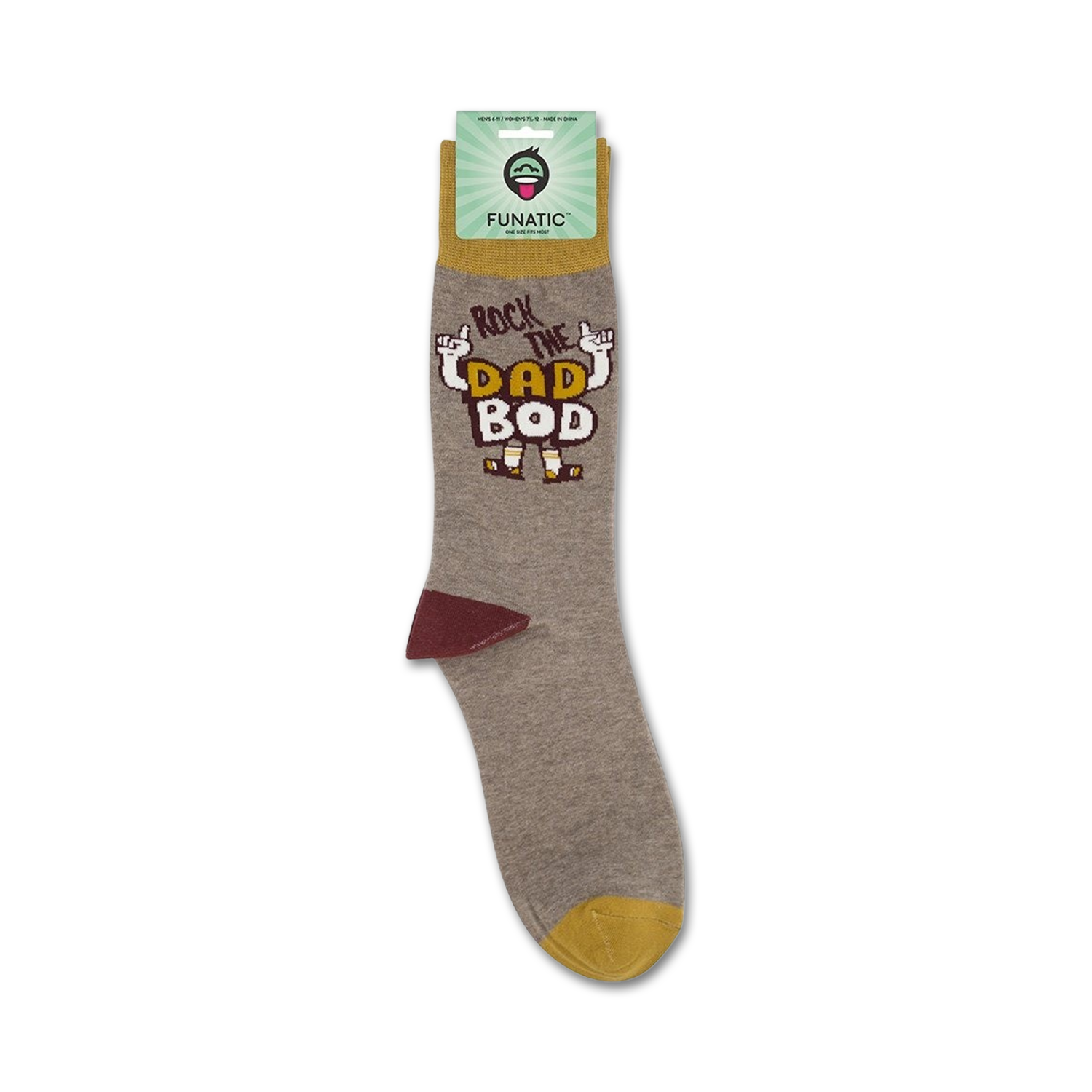 Product shot of 'Rock the Dad Bod' socks on their packaging.