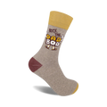 Crew socks in grey, mustard yellow, and burgundy.  Features a graphic design that says 'Rock the Dad Bod' with cartoon arms.