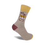Crew socks in grey, mustard yellow, and burgundy.  Features a graphic design that says 'Rock the Dad Bod' with cartoon arms.