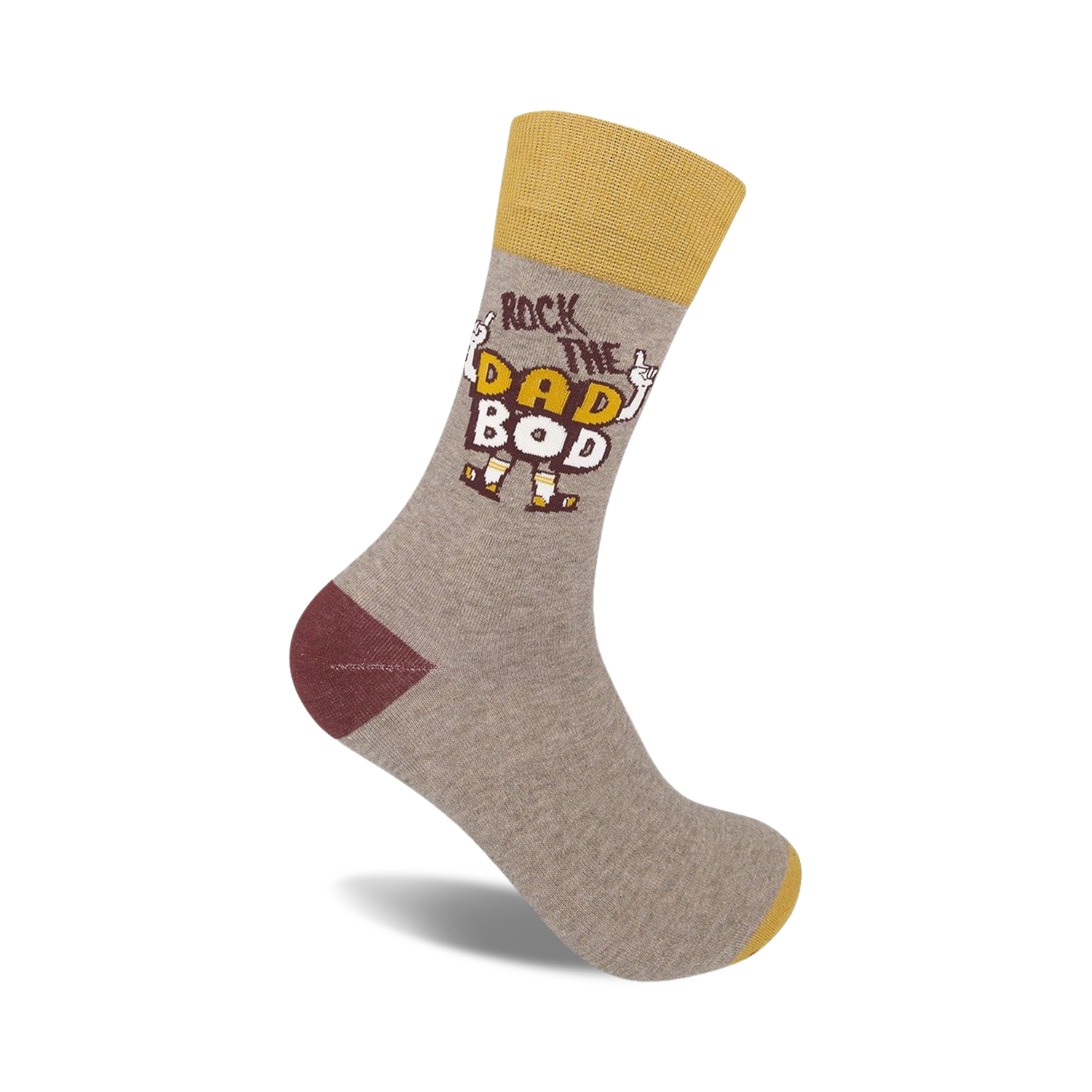 Crew socks in grey, mustard yellow, and burgundy.  Features a graphic design that says 'Rock the Dad Bod' with cartoon arms.