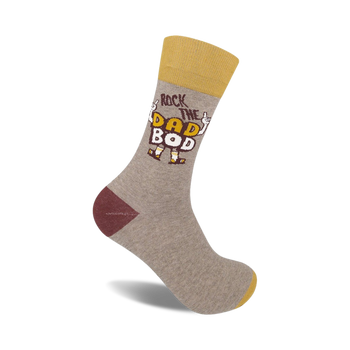 gray crew socks with brown toes and heels, yellow tops and "rock the dad bod" with cartoon illustration.  