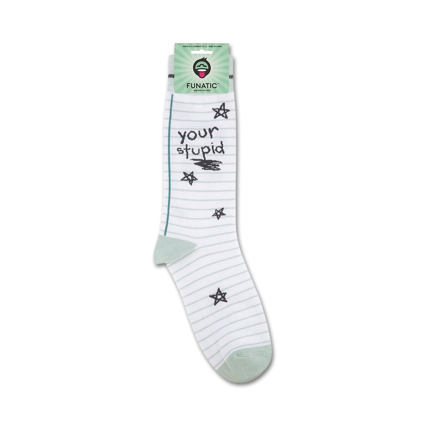 Product shot of 'Your Stupid' socks on their packaging card.