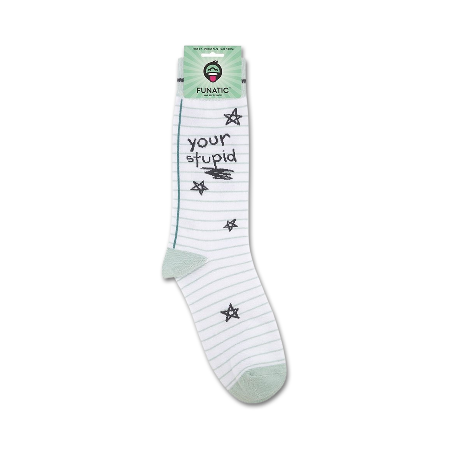 Product shot of 'Your Stupid' socks on their packaging card.