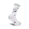 White crew socks with thin pale green stripes, a playful 'Your Stupid' message, and scattered dark gray stars.