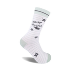White crew socks with thin pale green stripes, a playful 'Your Stupid' message, and scattered dark gray stars.