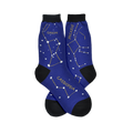 Dark blue Constellation socks featuring Orion, Pegasus, and Cassiopeia constellations with white stars and yellow lines.