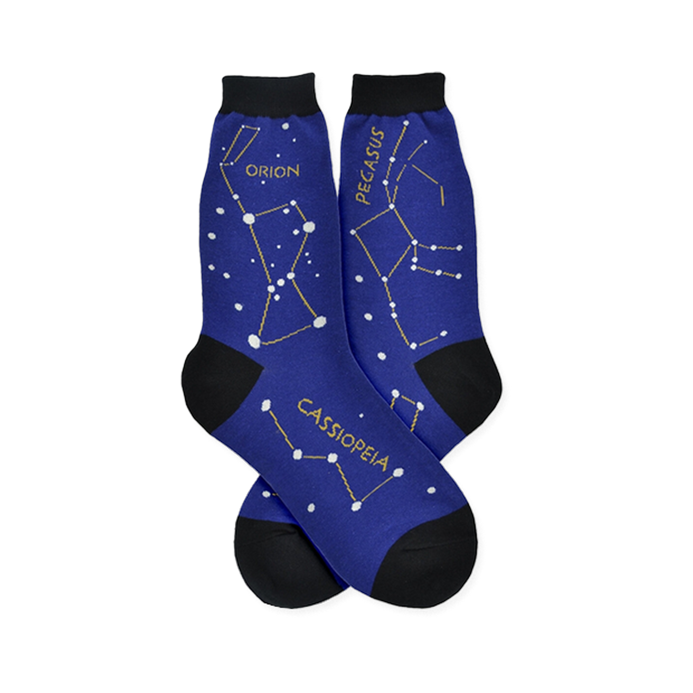 Dark blue Constellation socks featuring Orion, Pegasus, and Cassiopeia constellations with white stars and yellow lines.