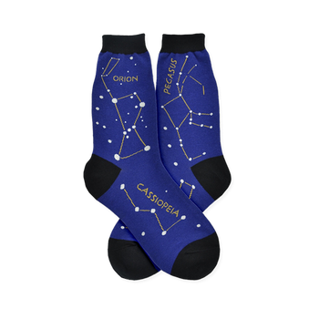 Dark blue Constellation socks featuring Orion, Pegasus, and Cassiopeia constellations with white stars and yellow lines.