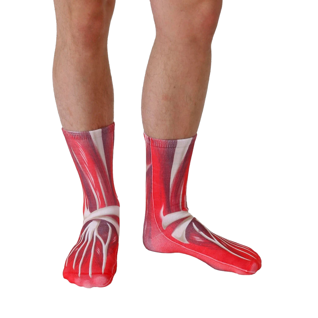 Close-up showcasing the detailed anatomical muscle design on the Muscle Socks. [lf]