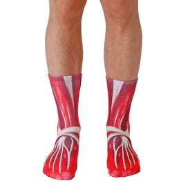 red and white crew socks with muscle diagram pattern. perfect for halloween costumes. available in men's & women's sizes.   