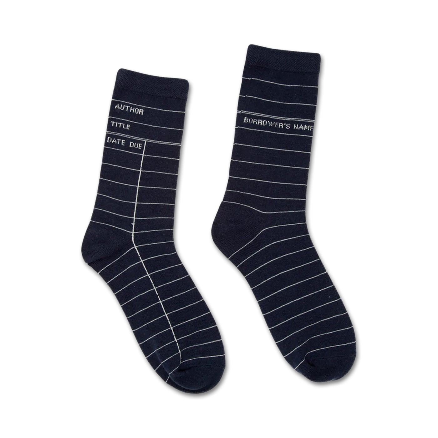 Pair of navy blue crew socks with a white library card design.  'Author', 'Title', 'Date Due', and 'Borrower's Name' are printed on the socks.
