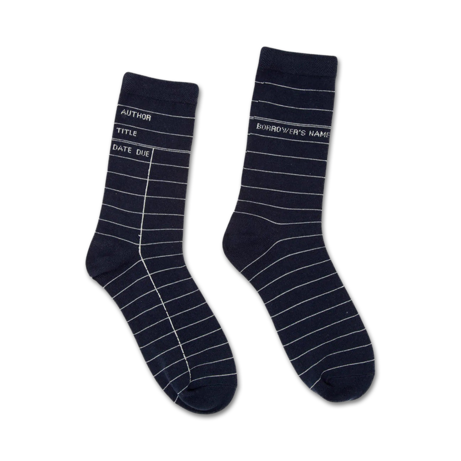 Pair of navy blue crew socks with a white library card design.  'Author', 'Title', 'Date Due', and 'Borrower's Name' are printed on the socks.
