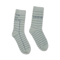 Pair of grey crew socks with a library card design.  The socks have dark grey lines mimicking a card's lines, with 'Author, Title, Date Due' printed on one sock.