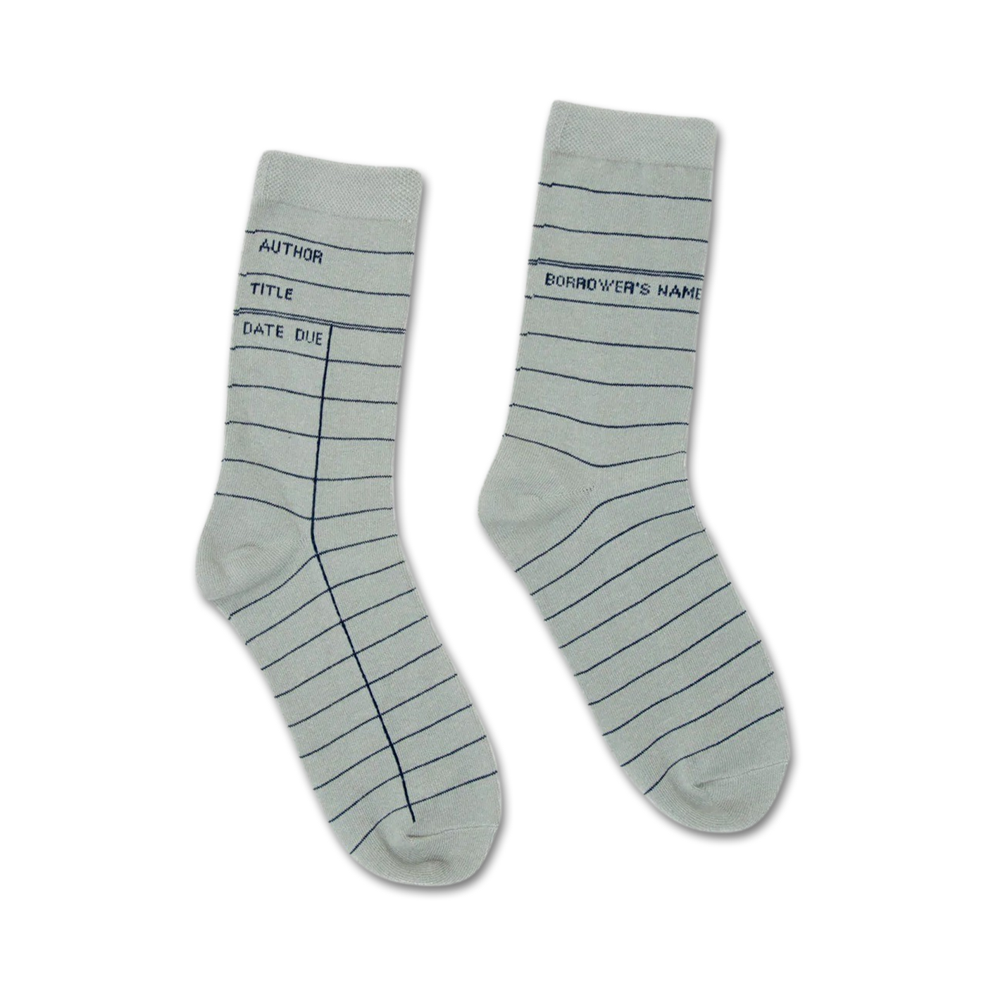 Pair of grey crew socks with a library card design.  The socks have dark grey lines mimicking a card's lines, with 'Author, Title, Date Due' printed on one sock.