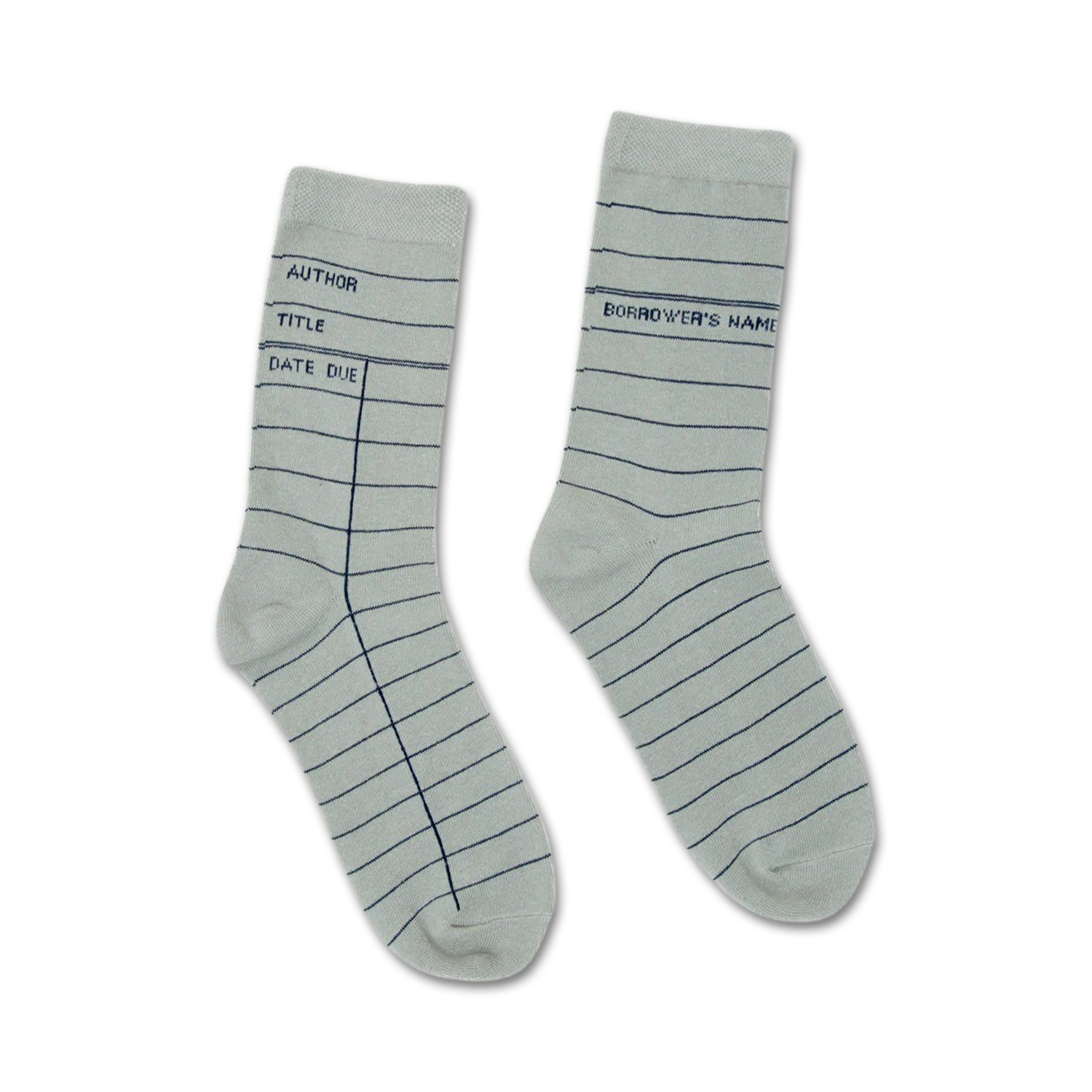 Pair of grey crew socks with a library card design.  The socks have dark grey lines mimicking a card's lines, with 'Author, Title, Date Due' printed on one sock.