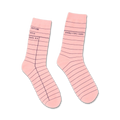 Pair of pink crew socks with a library card design.  The socks feature dark pink lines mimicking a book checkout card.