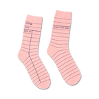 Pair of pink crew socks with a library card design.  The socks feature dark pink lines mimicking a book checkout card.