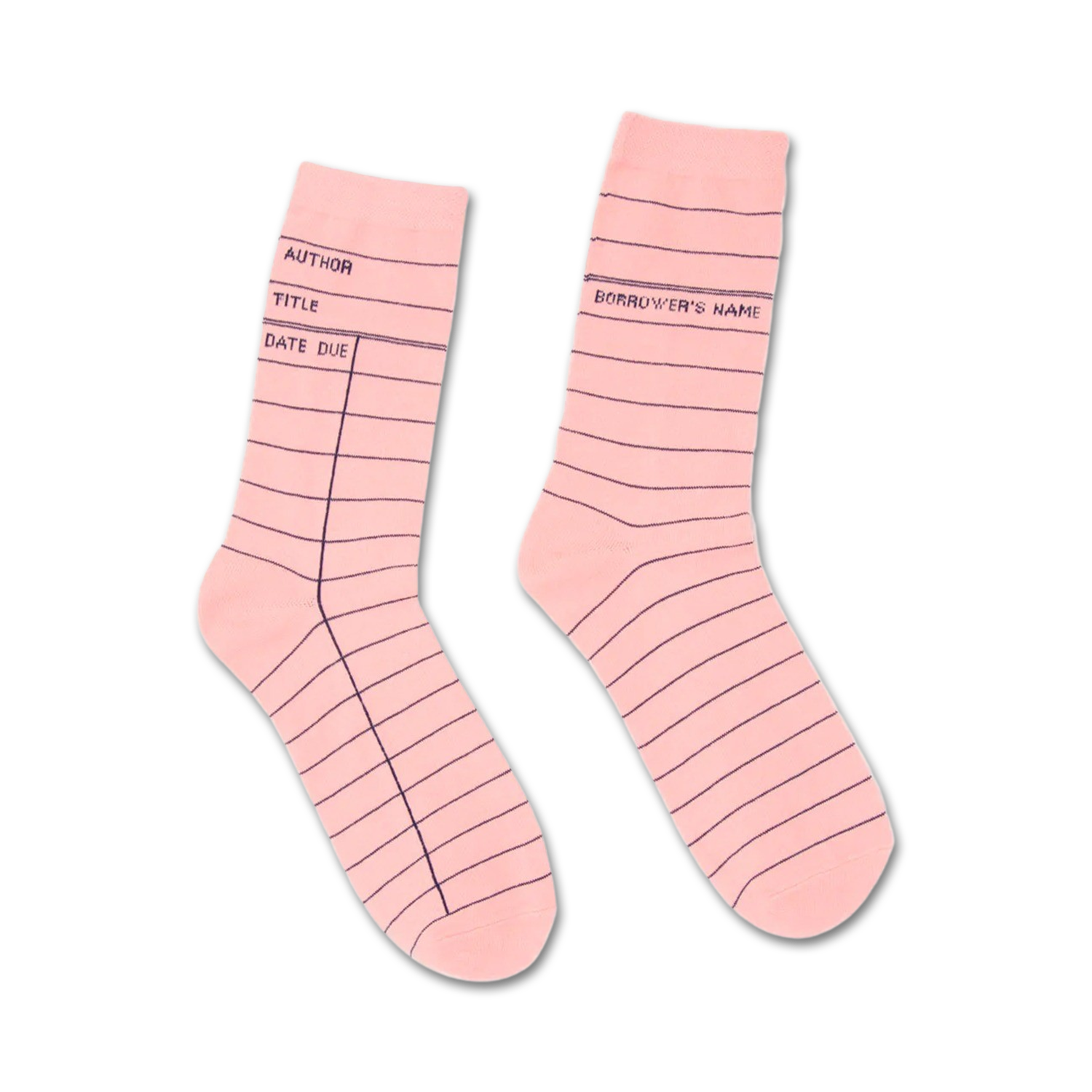 Pair of pink crew socks with a library card design.  The socks feature dark pink lines mimicking a book checkout card.