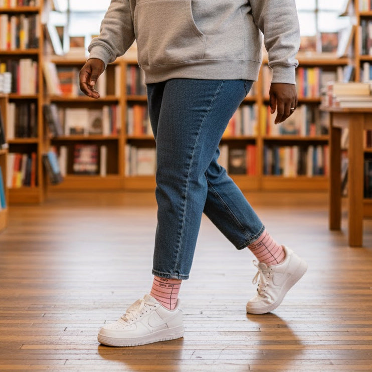 Model in blue cropped jeans and white sneakers, showing pink grid pattern ankle socks with text, walking in a bookstore. [lf]