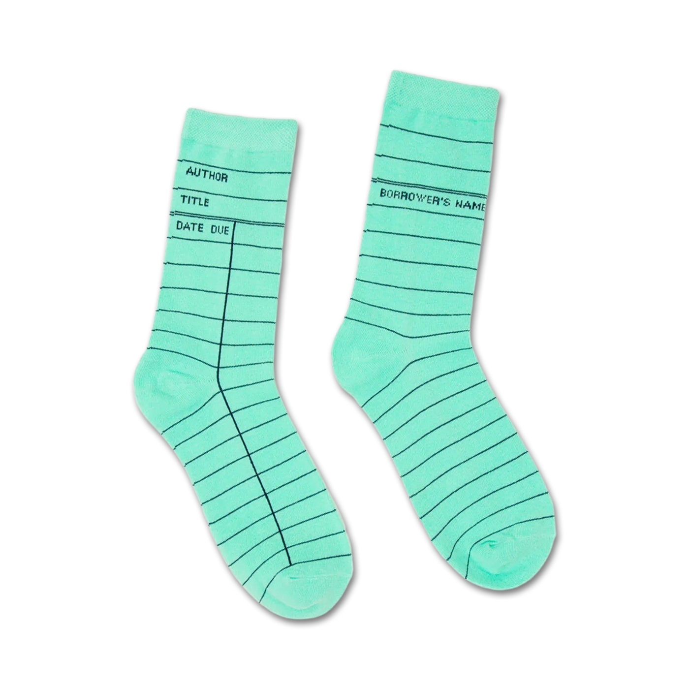 Pair of mint green crew socks with a library card design.  The dark teal lines mimic the lines on a library card.  'Author, Title, Date Due' is printed on one sock.