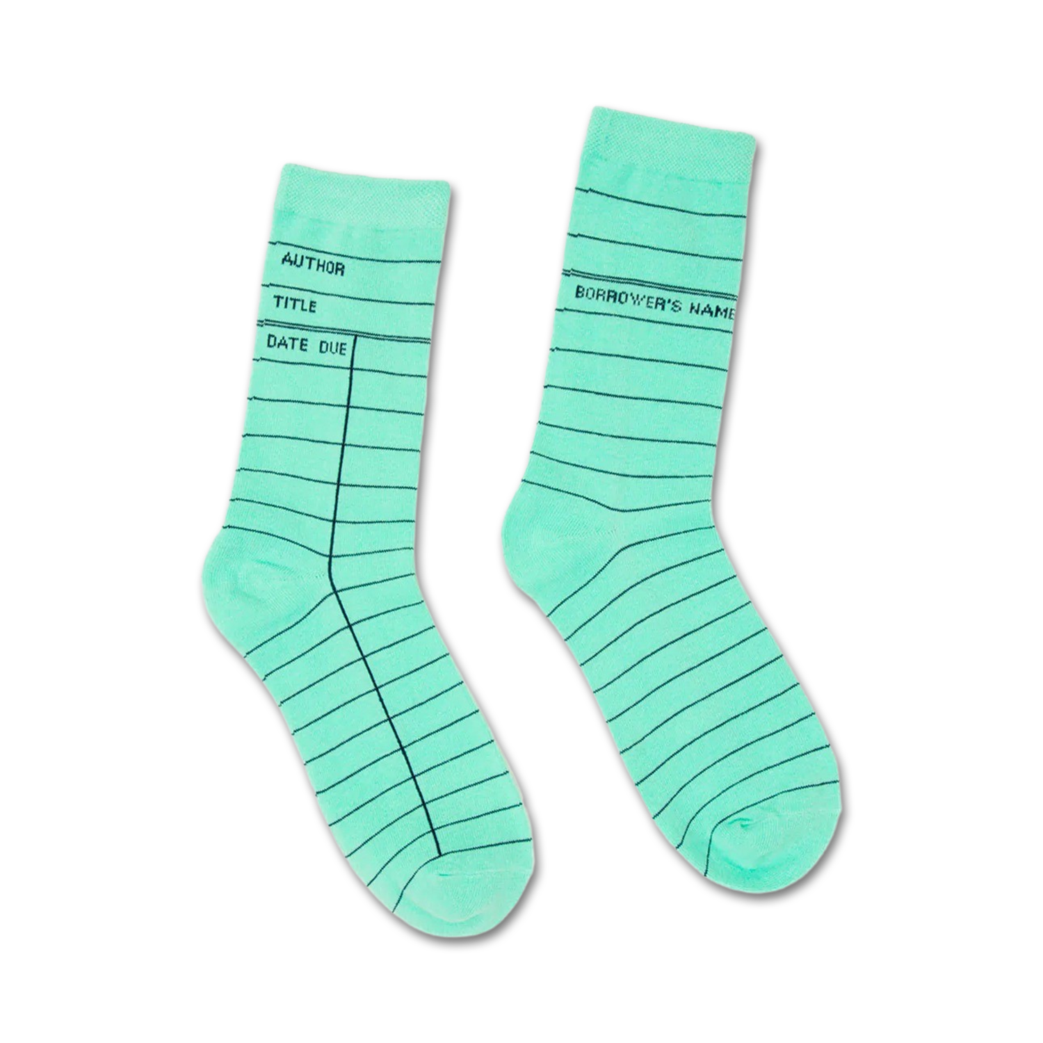 Pair of mint green crew socks with a library card design.  The dark teal lines mimic the lines on a library card.  'Author, Title, Date Due' is printed on one sock.