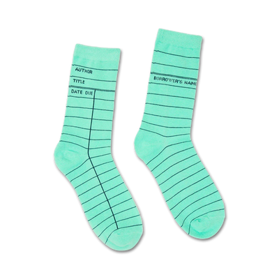 library card mint /novelty crew sock/green/for men/for women/unisex/art & literature/book club enthusiasts/bookworms  