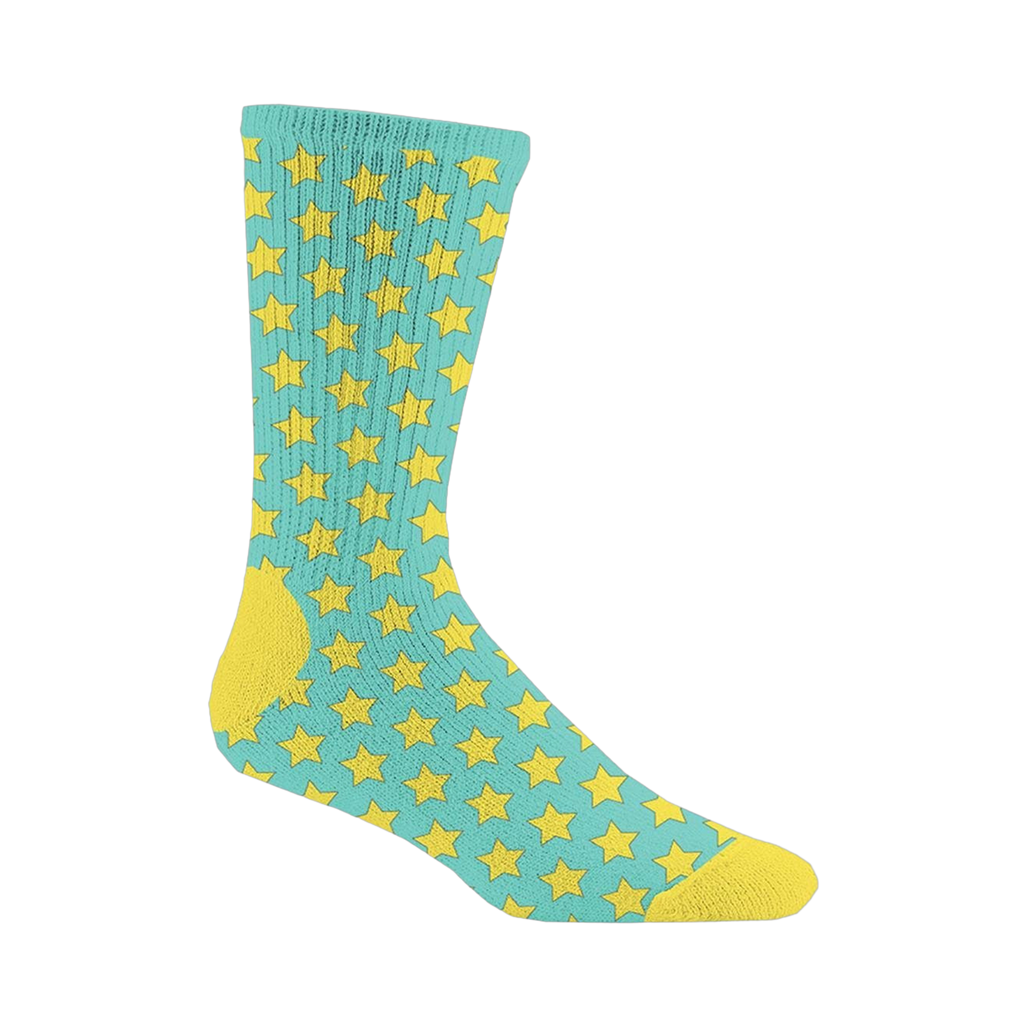 Teal crew socks with a yellow star pattern.  A Walking Dead Ezekiel inspired design.
