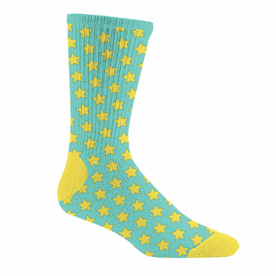 mens crew socks in mint green with bright yellow stars. walking dead fans will love this ezekiel star pattern.    