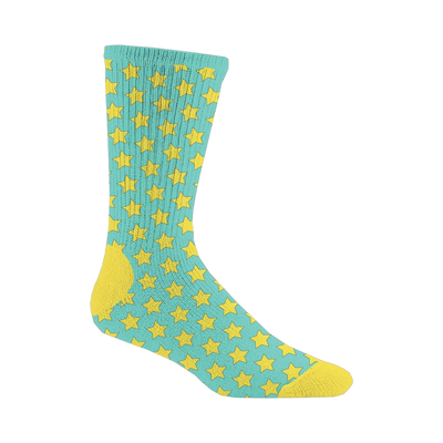 Teal crew socks with a yellow star pattern.  A Walking Dead Ezekiel inspired design.