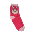 Pink crew socks with a cute pink and white bunny face design. The sock features a pink heel and toe.