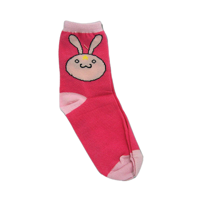 Pink crew socks with a cute pink and white bunny face design. The sock features a pink heel and toe.