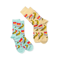 Two pairs of pop art crew socks: one light blue and one light yellow, both featuring red soup cans and yellow bananas, against a black background.