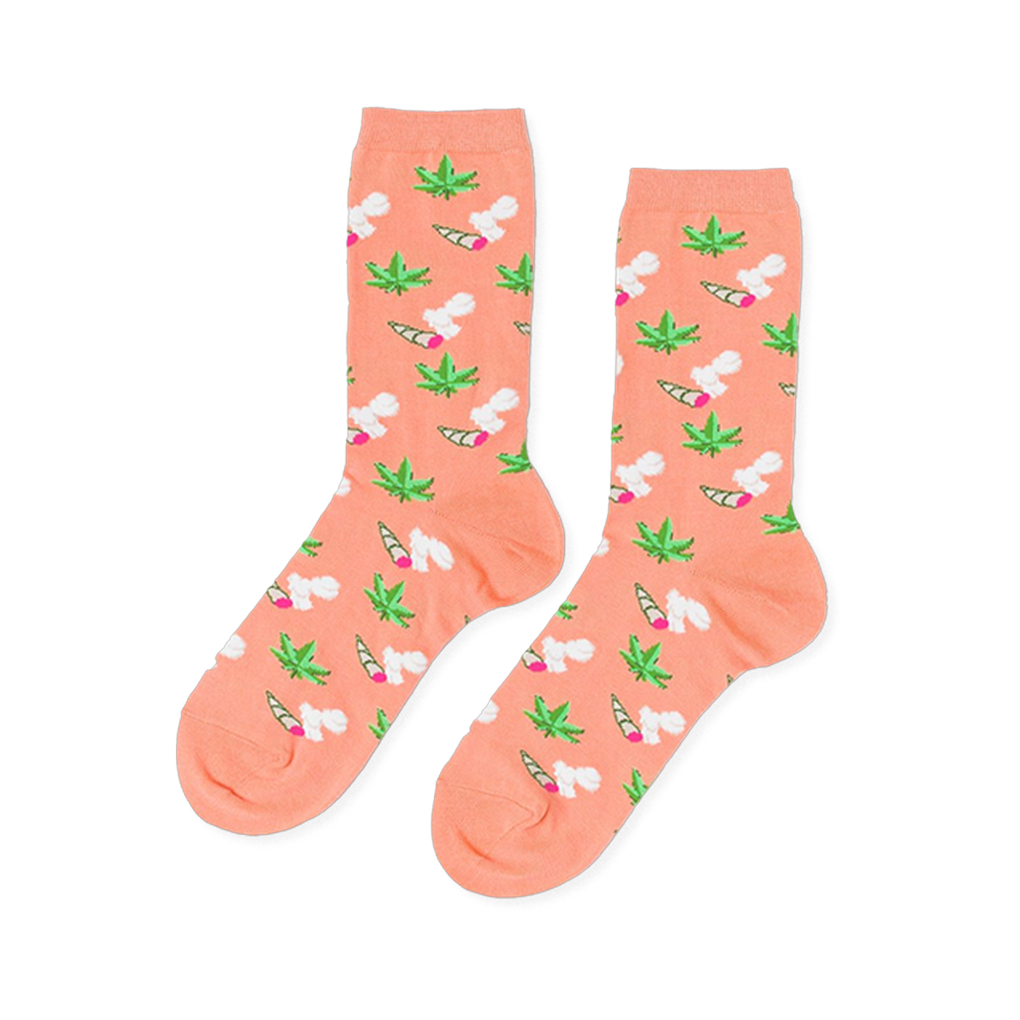 Pair of crew socks in peachy-orange. Patterned with green cannabis leaves and lit joints with white smoke.