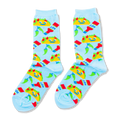 A pair of light blue crew socks covered in a pattern of yellow smiling tacos, red hot sauce bottles, and green chili peppers.