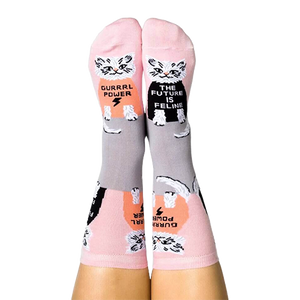 Pair of pink and grey cat socks worn on feet, showing 