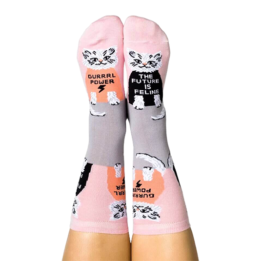 Pair of pink and grey cat socks worn on feet, showing 