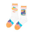 Pair of white crew socks. One has yellow and pink grapefruit, the other a yellow "La Queen" soda can. Pink/blue pattern on heel, orange cuffs/toes.