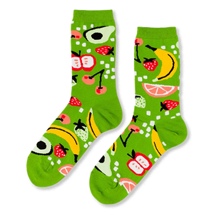 Pair of crew socks in bright lime green, patterned with yellow bananas, red strawberries, apples, avocados, cherries, and grapefruit slices.