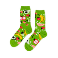 Pair of crew socks in bright lime green, patterned with yellow bananas, red strawberries, apples, avocados, cherries, and grapefruit slices.