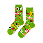 Pair of crew socks in bright lime green, patterned with yellow bananas, red strawberries, apples, avocados, cherries, and grapefruit slices.