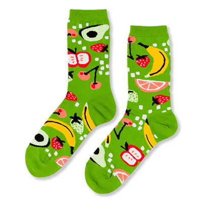 Pair of crew socks in bright lime green, patterned with yellow bananas, red strawberries, apples, avocados, cherries, and grapefruit slices.