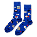 Royal blue socks featuring a pattern of retro computer icons like a smiling monitor, floppy disk, bomb, and paint palette.