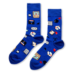 Royal blue socks featuring a pattern of retro computer icons like a smiling monitor, floppy disk, bomb, and paint palette.