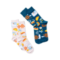 Two pairs of crew socks, one dark blue and one light pink, both with San Francisco themed patterns visible.